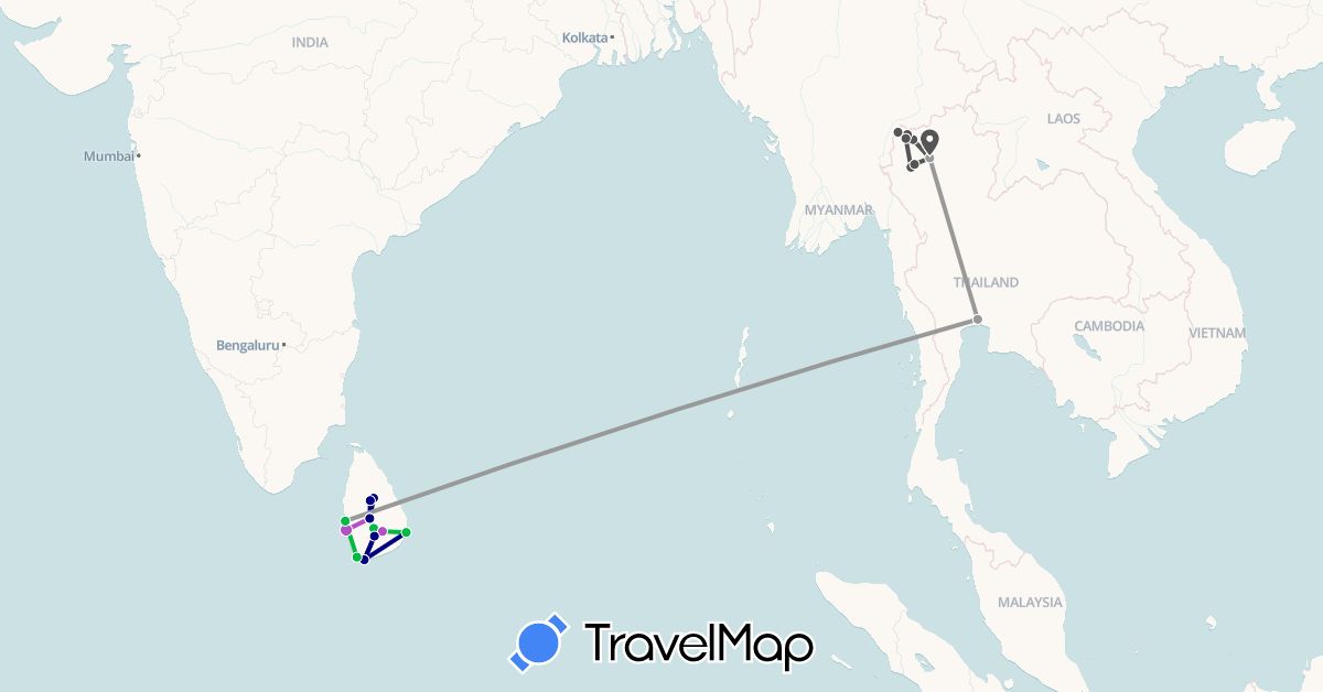 TravelMap itinerary: driving, bus, plane, train, motorbike in Sri Lanka, Thailand (Asia)